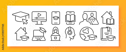 Education set icon. Hat, university, teacher, library, book, textbook, distance learning, student, lecture, couple, dictionary. Learning concept. Vector line icon for Business and Advertising