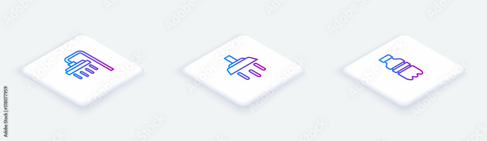 Set Isometric line Shower, and Bottle of water. White square button. Vector Set Isometric line Shower, and Bottle of water. White square button. Vector