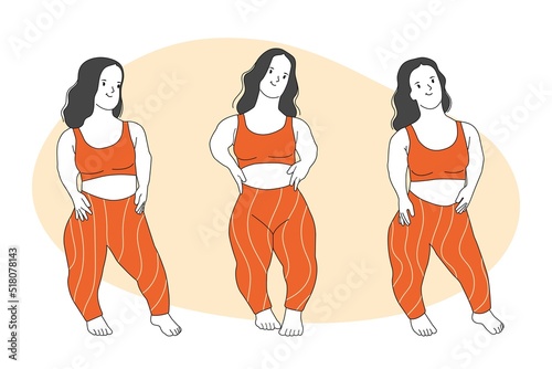 Cute Undersized woman standing in sportswear. Girl Midget. Body positive movement and beauty Diversity, Equality, Inclusion. Hand drawn in thin Line style, vector illustration.