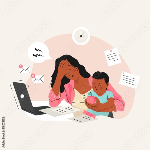 Tired african american Mom trying to Work, holding baby in her arms. Professional Mom, maternity and job. Flat vector illustration.	
