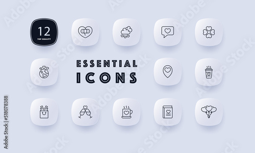 Love set icon. Wedding, broken heart, band aid, map pointer, book, cup with drink, balloon, champagne glasses, anniversary, planet. Relationships concept. Neomorphism. Vector line icon for Business