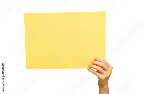 Empty color poster in hand. Isolated on a white background. Copy space