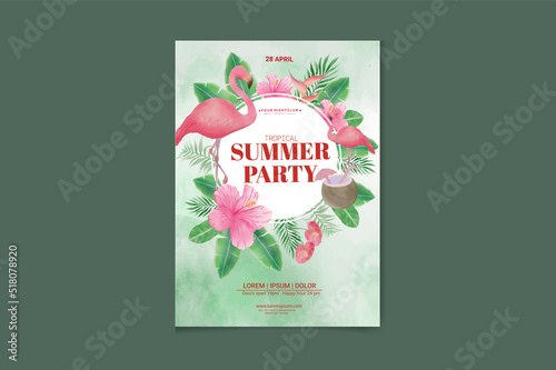 watercolor summer party poster with tropic leaves, coconut and flamingo. Summertime beach background