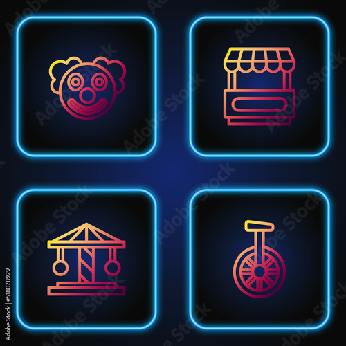 Set line Unicycle or one wheel bicycle, Attraction carousel, Clown head and Fast street food cart. Gradient color icons. Vector