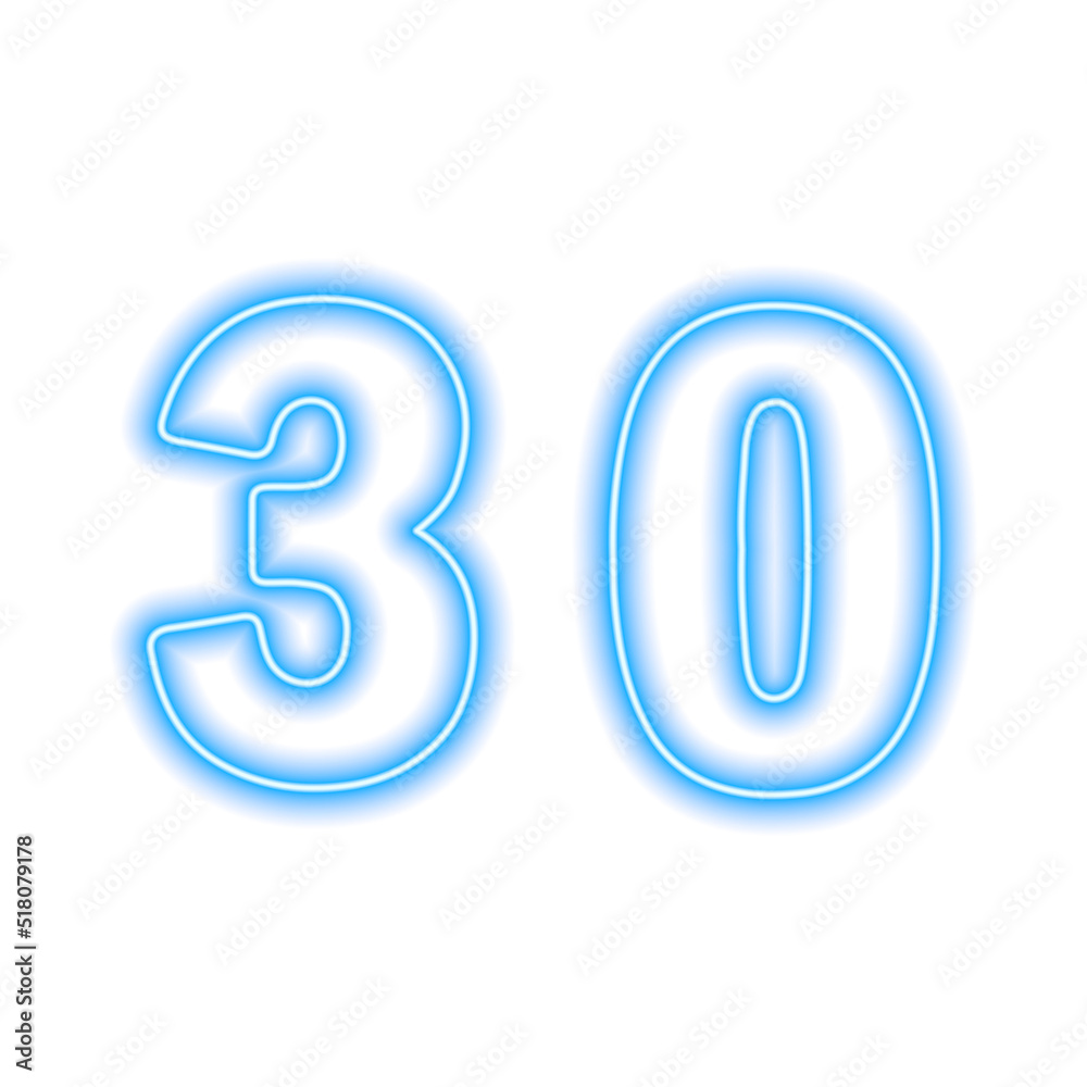 Neon blue number 30 isolated on white. Serial number, price, place Neon blue number 30 isolated on white. Serial number, price, place