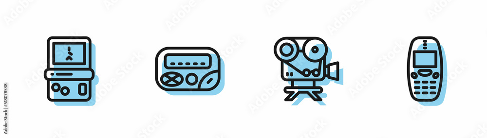 Set line Retro cinema camera, Tetris, Pager and Old mobile phone icon. Vector Set line Retro cinema camera, Tetris, Pager and Old mobile phone icon. Vector