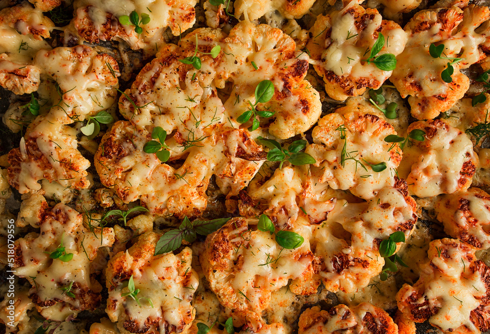 Cauliflower steak with cheese and spices, homemade, close-up, top view, selective focus, no people, Cauliflower steak with cheese and spices, homemade, close-up, top view, selective focus, no people,