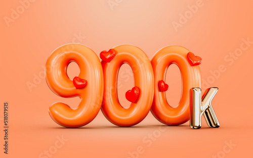 900k follower celebration orange color number with love icon 3d render concept for social banner photo