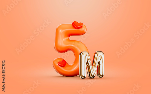 5m follower celebration orange color number with love icon 3d render concept for social banner photo