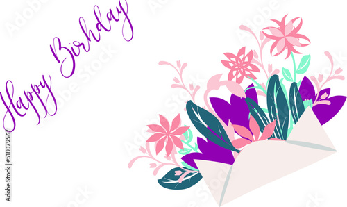 Bouquet of spring flowers inside the envelope and other decor elements. Flat design. Paper cut style. Hand drawn trendy vector greeting card.