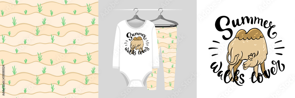 Seamless pattern and illustration set with camel and quote Summer walks lover. Baby design pajamas, background for apparel, room decor, tee print, baby shower party invitation, fabric design, wrapping