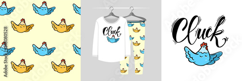 Seamless pattern and illustration set with hen and quote Have a MooRvelous Day. Baby design pajamas, background for apparel, room decor, tee print, baby shower party invitation, design, wrapping
