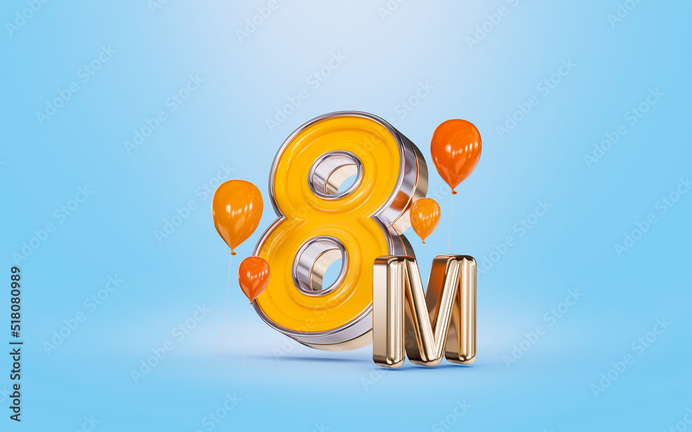 Fototapeta premium 8m followers celebration social media banner with orange balloon blue background 3d render concept