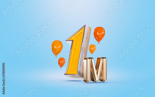 1m followers celebration social media banner with orange balloon blue background 3d render concept photo