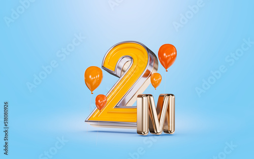 2m followers celebration social media banner with orange balloon blue background 3d render concept photo