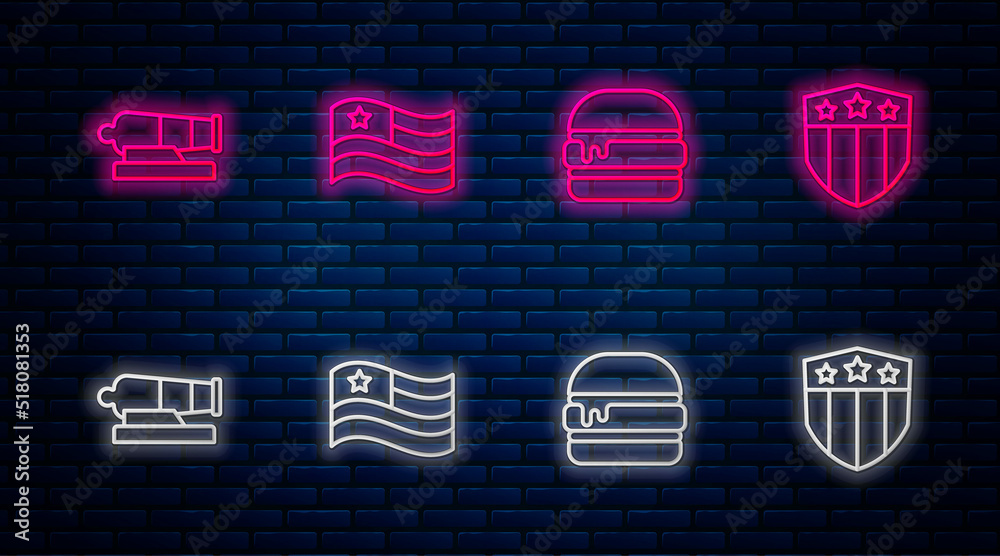 Set line American flag, Burger, Cannon and Shield with stars. Glowing neon icon on brick wall. Vector Set line American flag, Burger, Cannon and Shield with stars. Glowing neon icon on brick wall. Vector