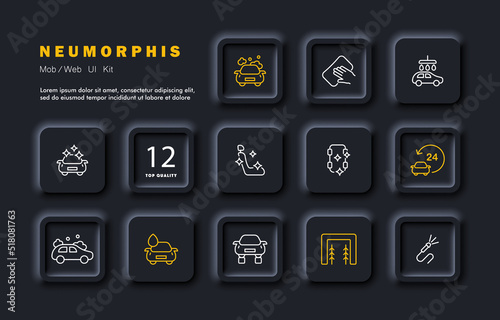 Car wash set icon. Foam, soap, hand, sponge, water drops, shining stars, clean, seat, 24, around the clock, hose, brush, inspection hole. Service concept. Neomorphism. Vector line icon for Business