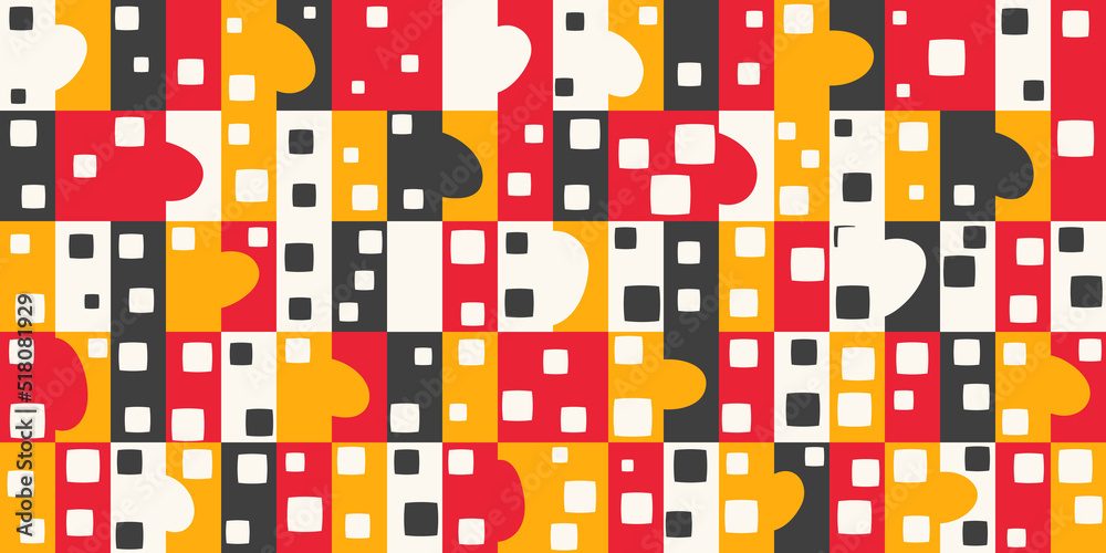 Colored tile squares and abstract texture on top. Decoration and print of surfaces from identical red-yellow tiles. Colored tile squares and abstract texture on top. Decoration and print of surfaces from identical red-yellow tiles.