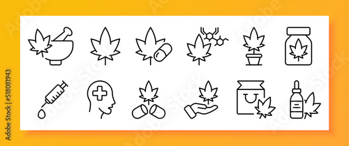 Medical cannabis set icon. Mortar, pestle, pill, chemistry, medicine, jar, leaf, marijuana, injection syringe, hand, treat, painkiller, prescription. Healthcare concept. Vector line icon for Business