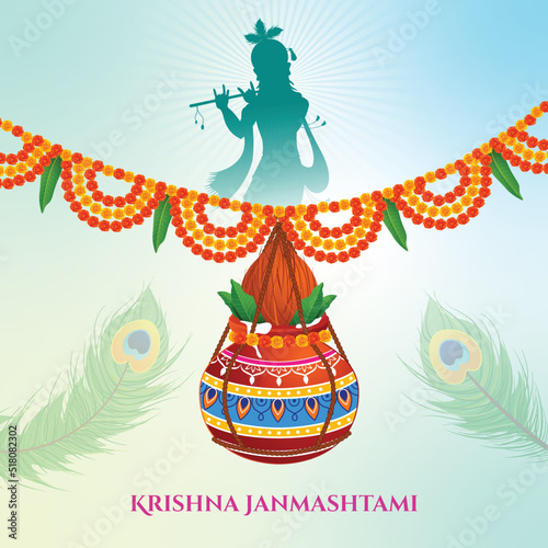 Lord Krishna playing bansuri, dahi handi celebration in Happy Janmashtami festival of India