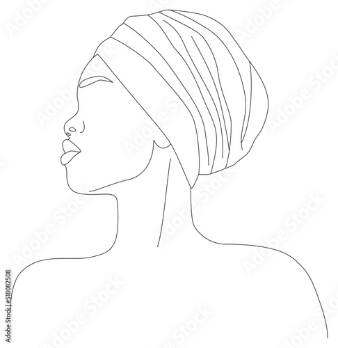 The face is one line. An African woman in a traditional headdress. Avatar of a girl with a scarf on. Portrait of a girl. Vector flat illustration.