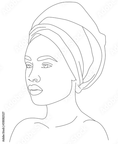 The face is one line. Abstract portrait of an African-American woman. Modern young feminine woman with dark skin. A vector drawn by hand with a single line.