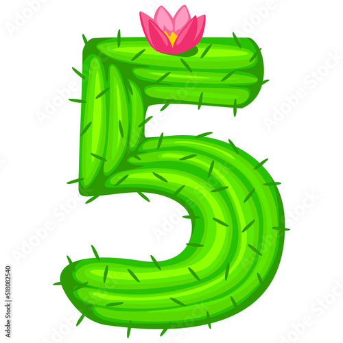 Cartoon cactus number 5 with flower font kids numbers. Figure Five