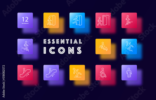 Information signs with people set icon. Exit, entrance, door, run, go up, down stairs, fall, escalator, slip, wheelchair, disabled person. Warning concept. Glassmorphism. Vector line icon for Business
