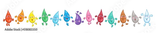 Set of funny bright drops. Different colors, poses and emotions. Banner in cartoon style. Isolated on white background.  Vector illustration.