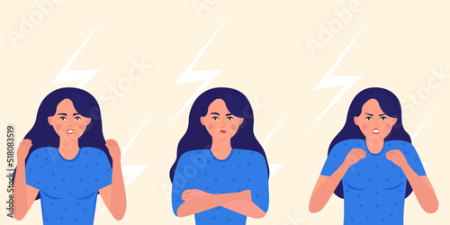 The concept of negative and angry emotions of a girl. Adolescent mental health. Flat vector illustration.