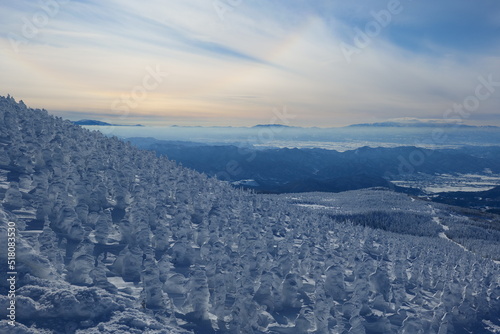 日本の冬の絶景。蔵王国定公園の樹氷。山形、日本。１月下旬。