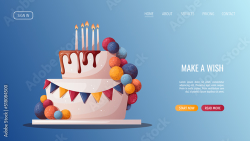Birthday cake with candles. Birthday party, celebration, holiday, event, festive, bakery, tasty food concept. Vector illustration. Website, banner template.
