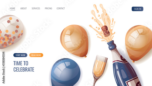 Champagne, glass, balloons, serpentine. Birthday party, celebration, holiday, event, festive, congratulations concept. Vector illustration. Website, banner template.