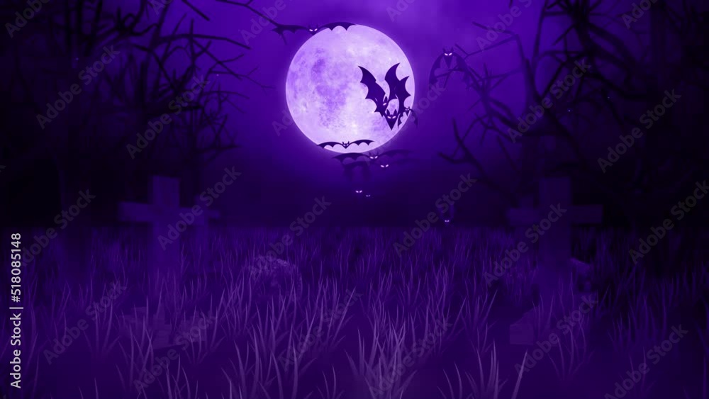 Flying bats animation halloween background,  Night with the moon and shining stars, bats, trees, grasses and graves, Motion design elements decoration halloween purple background 4k