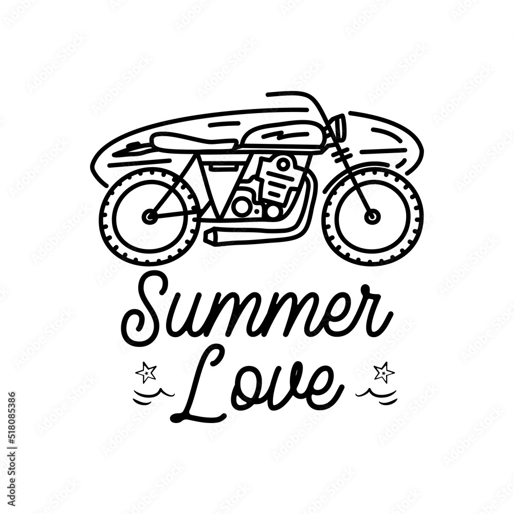 Simple linear style vector illustration of motorcycle and surfboard with Summer Love calligraphic inscription against white background