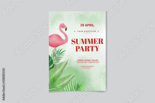 watercolor summer party poster with tropic leaves, coconut and flamingo. Summertime beach background
