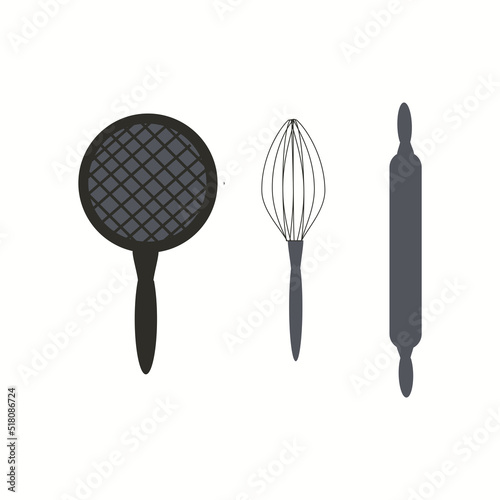 Kitchen tools cutlery set of whisk, sieve and rolling