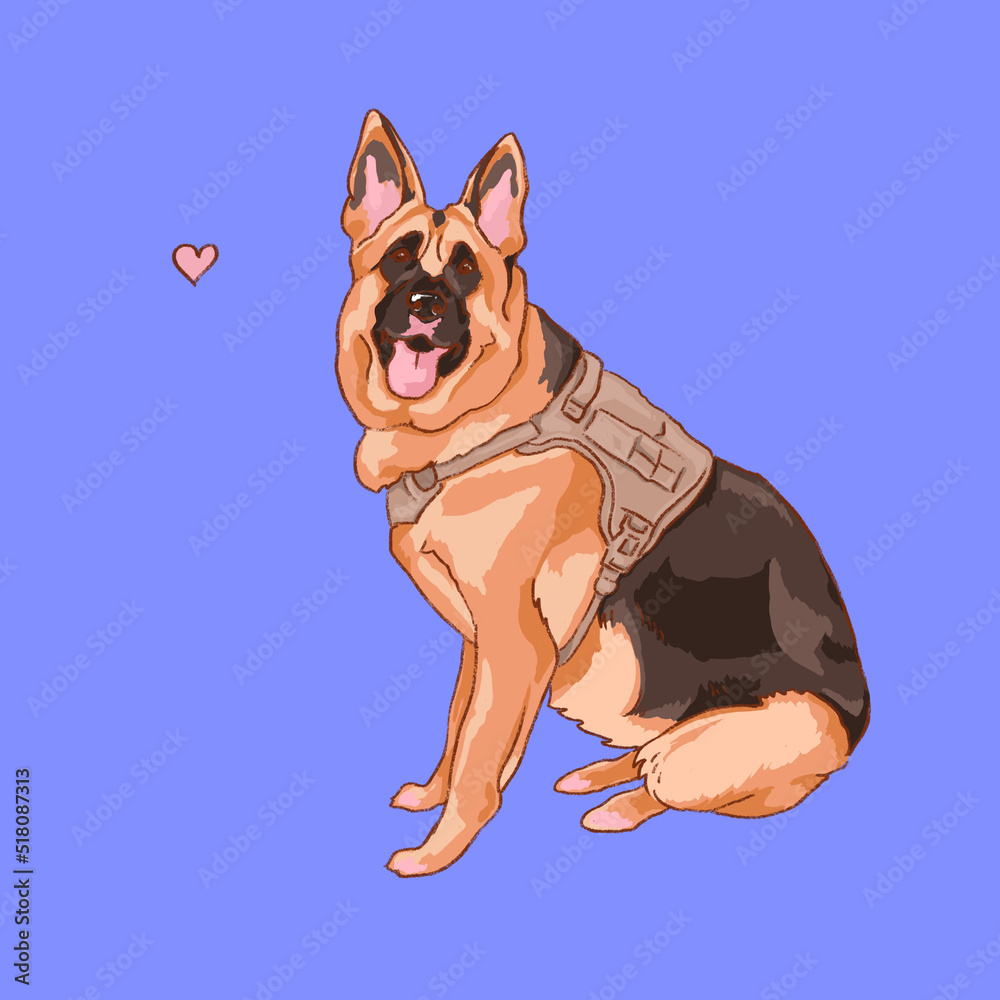 Obraz premium german shepherd k9 sitting in harness art - service dog illustration