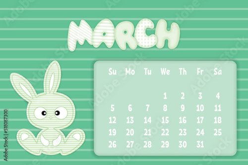March 2023 Page for kids calendar in funny textile style with cartoon rabbit. Children's horizontal wall calendar template
