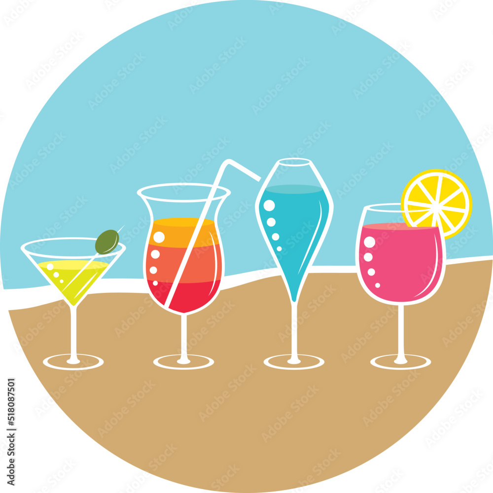 Beautiful and colorful cocktails on the beach. Vector avatar icon.