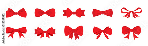 Red bow holiday gift party ribbon xmas flat set. Decoration important event present sign attention. Different tie shape decor room product wedding holiday packaging element valentine love isolated