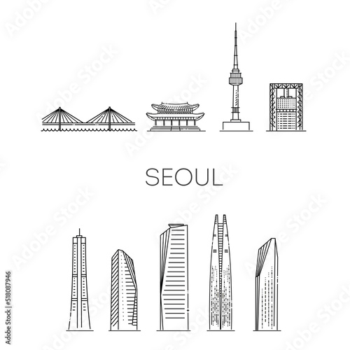 Corea, Seoul line travel skyline set. Vector symbols