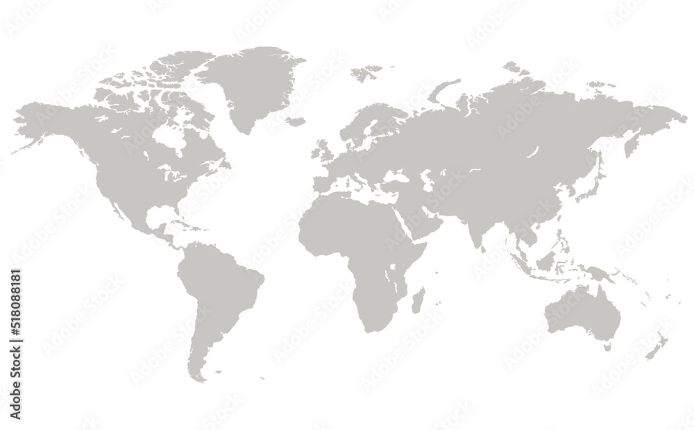 World map flat vector, isolated on white background.  Earth, gray map template for web site pattern, anual report, inphographics. Travel worldwide, map silhouette backdrop.Globe similar worldmap icon.