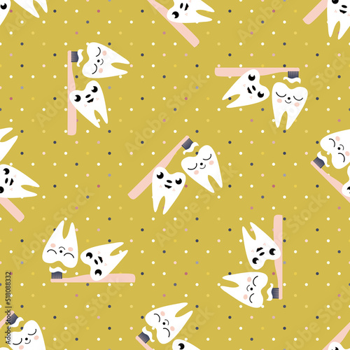 Kawaii tooth kids dental care vector educational seamless pattern background. Cute cartoon characters with toothbrush, tooth paste, brushing teeth. Fun children oral health gender neutral repeat.