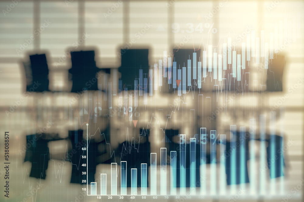 Abstract virtual financial graph hologram on a modern conference room background, forex and investment concept. Multiexposure Abstract virtual financial graph hologram on a modern conference room background, forex and investment concept. Multiexposure