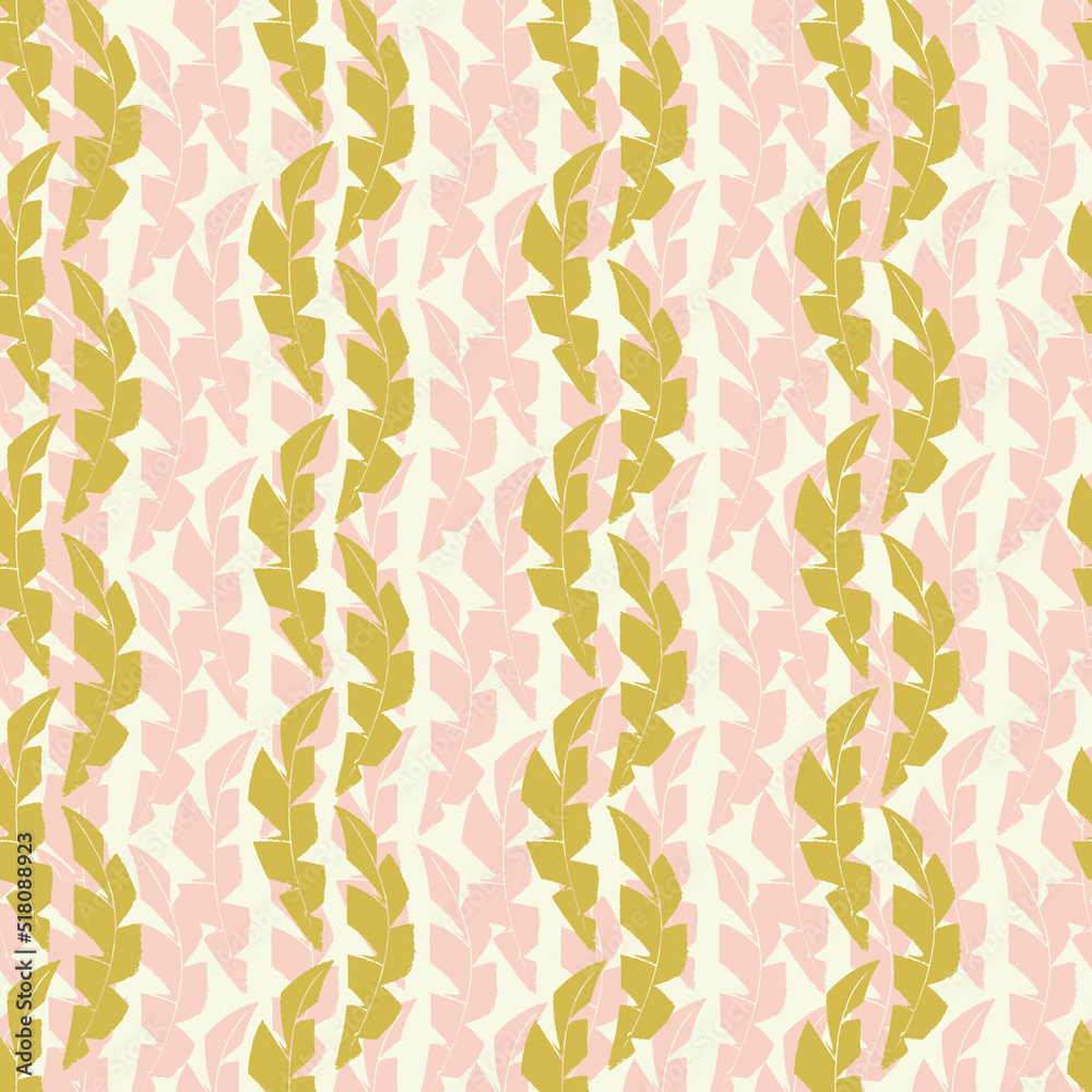 Mono print style leaves abstract striped seamless vector pattern background. Textured cut out grunge foliage in vertical columns. Pink gold painterly organic geometric backdrop. Botanical repeat