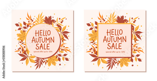 Hello autumn sale with beautiful bright leaves. Design promotional poster, template offer of autumn discounts deals. Vector illustration