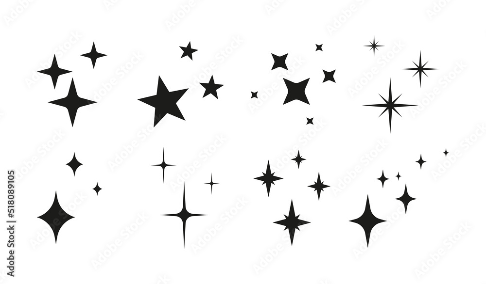 Set of Shiny sparks. Composition with stars. Night sky. Symbols of night. Vector illustration. Isolated object on white background. Magic sparkle Set of Shiny sparks. Composition with stars. Night sky. Symbols of night. Vector illustration. Isolated object on white background. Magic sparkle