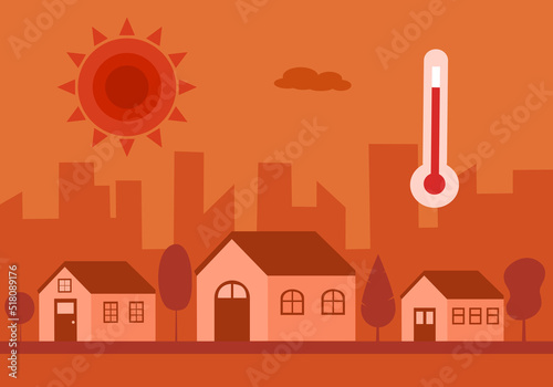 Hot climate in the city with strong sunlight and thermometer in flat design. Hot summer day concept. photo