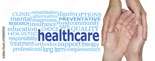 Care in the Community Healthcare concept Word cloud - female hands gently holding male cupped hands beside a HEALTHCARE word cloud against a white background
 photo